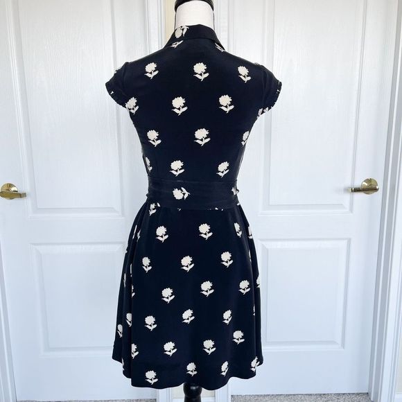 Kate Spade 100% Silk Size 0 Black White Contrast Floral Ruffled Belted Dress wit - Picture 8 of 11